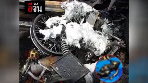 ไฟคลอกทั้งเป็น มอเตอร์ไซค์ติดใต้รถพ่วง