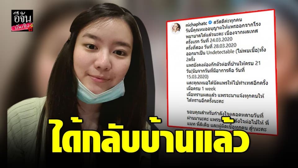 “แพรวา ณิชาภัทร” ไม่พบเชื้อโควิด-19 คุณหมออนุญาตให้กลับบ้าน แต่ต้องกักตัว