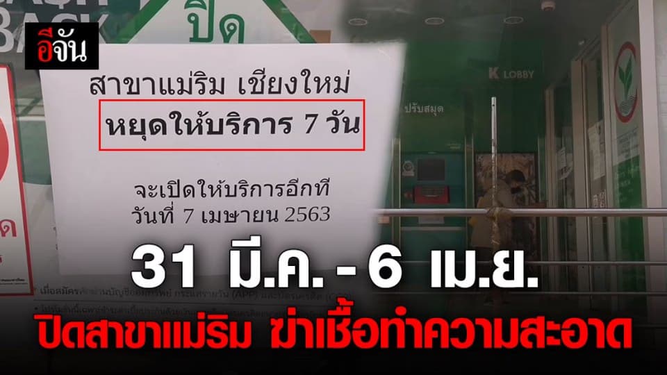 ปิด ธ.กสิกรสาขาแม่ริม 31 มี.ค.-6 เม.ย.63 หลังเจอลูกค้าป่วนไม่ใส่แมส ทำท่าไอ