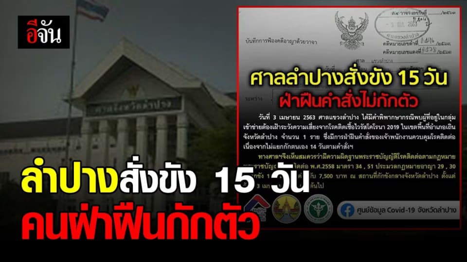 ศาลลำปางสั่งขัง 15 วัน คนฝ่าฝืนคำสั่งกักตัว