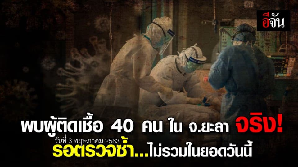 ศบค. เผย 3 พ.ค. 63 พบผู้ติดเชื้อ 40 คนใน จ.ยะลา ต้องตรวจซ้ำเพื่อความชัดเจน