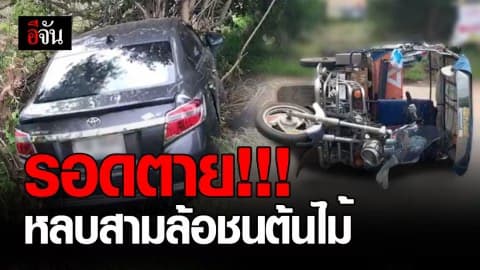 หนุ่มขับเก๋งรอดตาย หลบสามล้อลงข้างทาง ชนต้นไม้