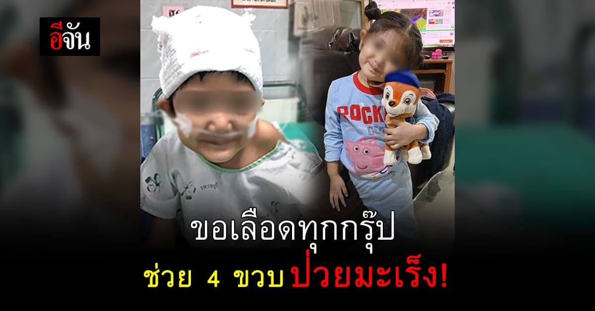 น้องอลิส 4 ขวบ ป่วยเป็นมะเร็งต่อมหมวกไต ระยะสุดท้าย ต้องการเลือดทุกกรุ๊ปในการรักษา
