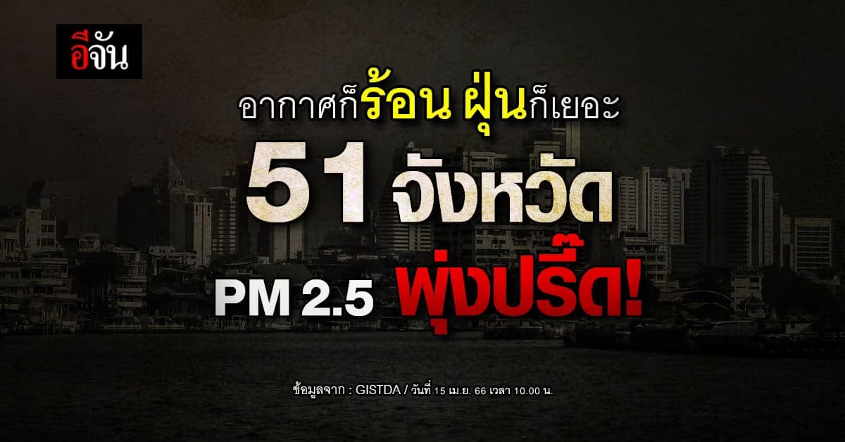 ค่าฝุ่น PM2.5 ทั่วไทยวันนี้ (15 เม.ย. 66) พบเกินมาตรฐาน 51 จังหวัด