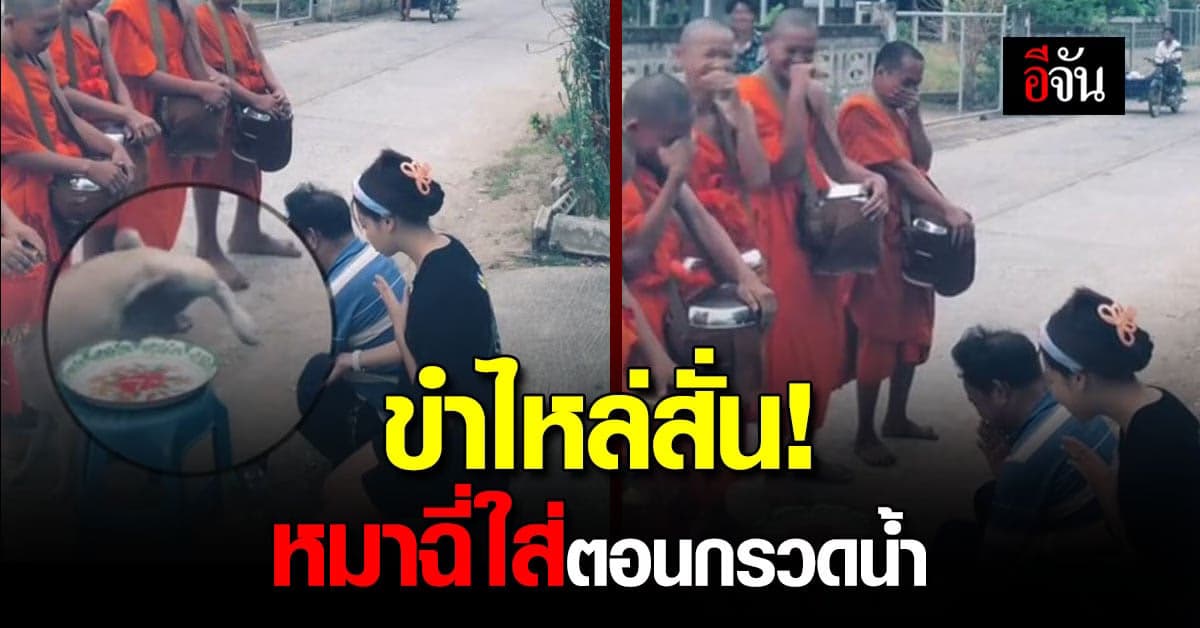 กลั้นขำจนไหล่สั่น พ่อกับลูกกำลังกรวดน้ำรับพร เจอหมาฉี่ใส่น้ำ