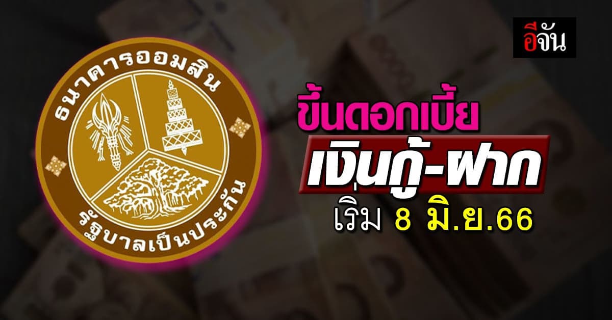 เริ่ม 8 มิ.ย.66 ธนาคารออมสิน ขึ้นดอกเบี้ยเงินกู้-ฝาก
