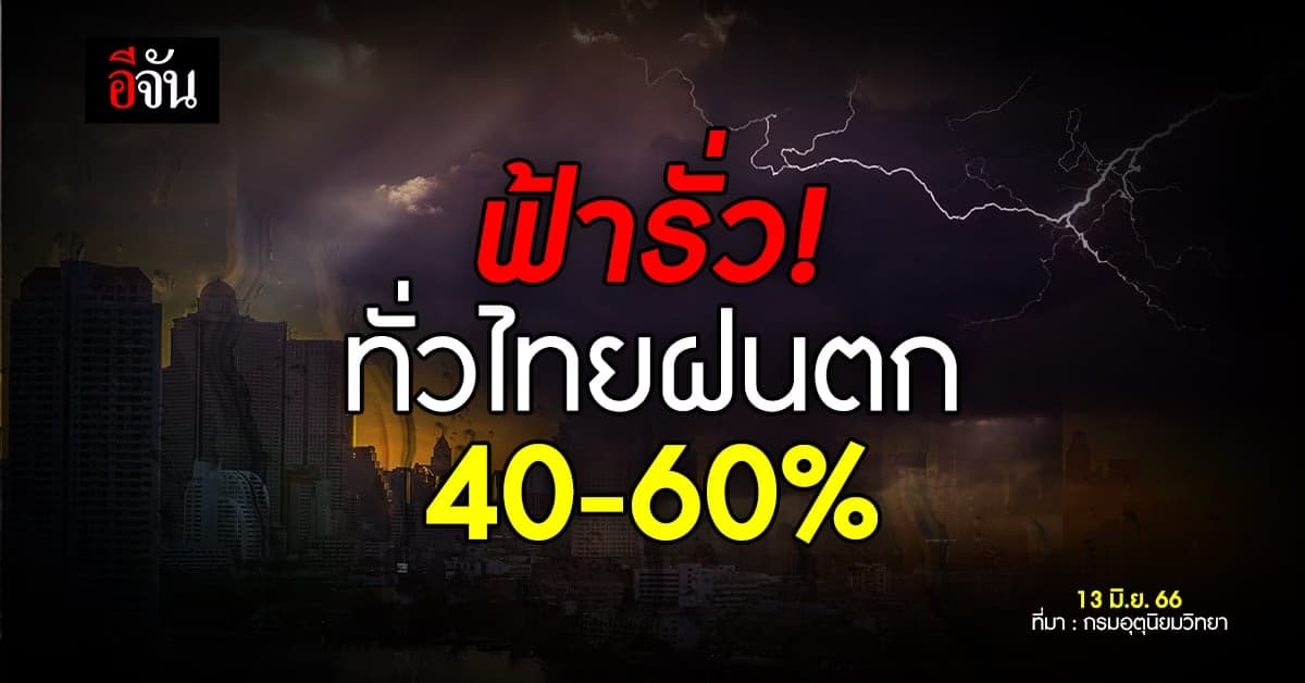 สภาพอากาศวันนี้ 13 มิ.ย.66 ฝนตกทั่วไทย 40-60%