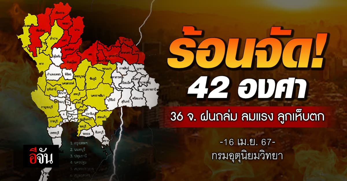 สภาพอากาศวันนี้ (16 เม.ย.67) อุณหภูมิสูงสุด 42 องศา 36 จ. รับมือฝน-ลูกเห็บ