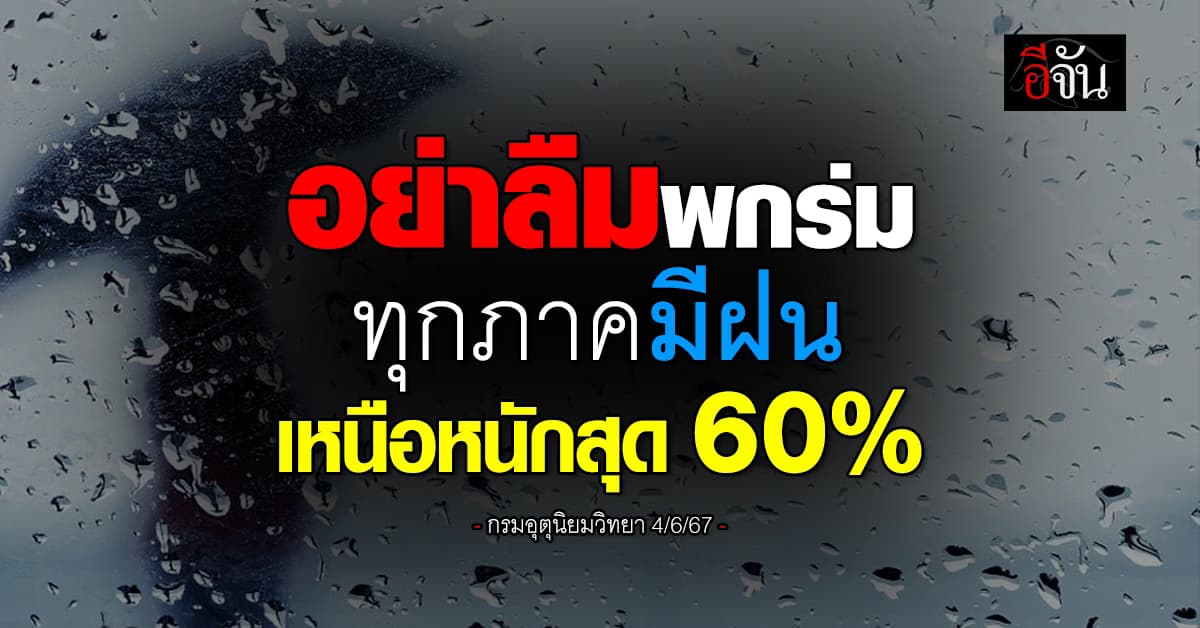 สภาพอากาศวันนี้ (4 มิ.ย.67) ทั่วไทยฝนฟ้าคะนองบางพื้นที่ เหนือหนักสุด 60%