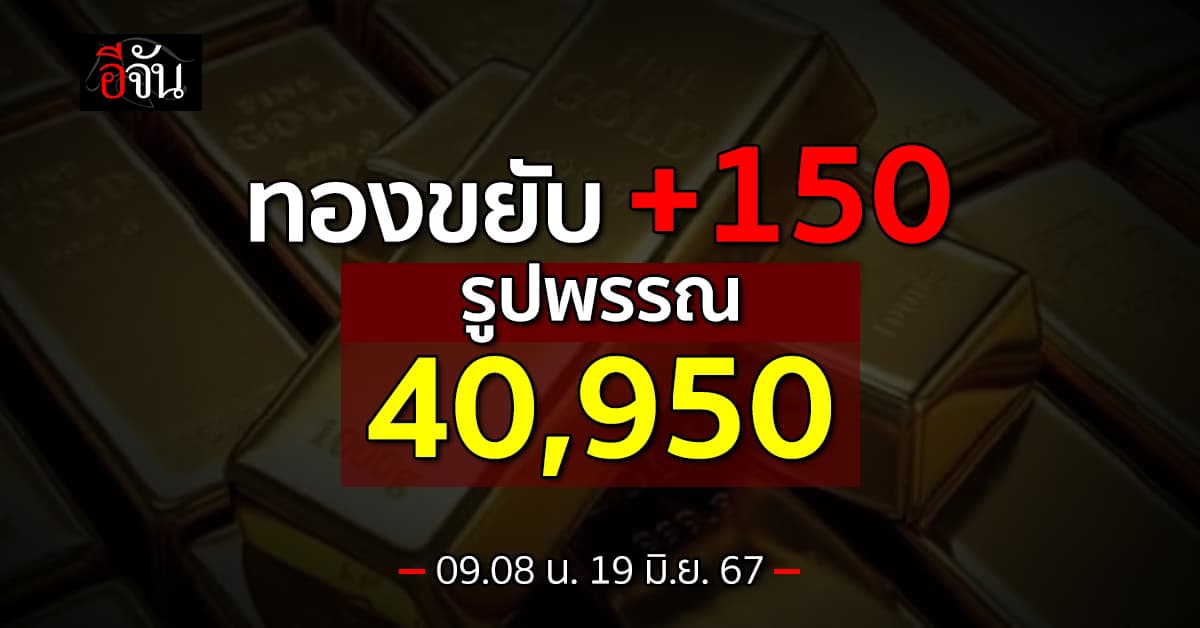 ราคาทองวันนี้ (19 มิ.ย.67) ปรับครั้งที่ 1 ขึ้น 150 รูปพรรณ  40,950 บาท