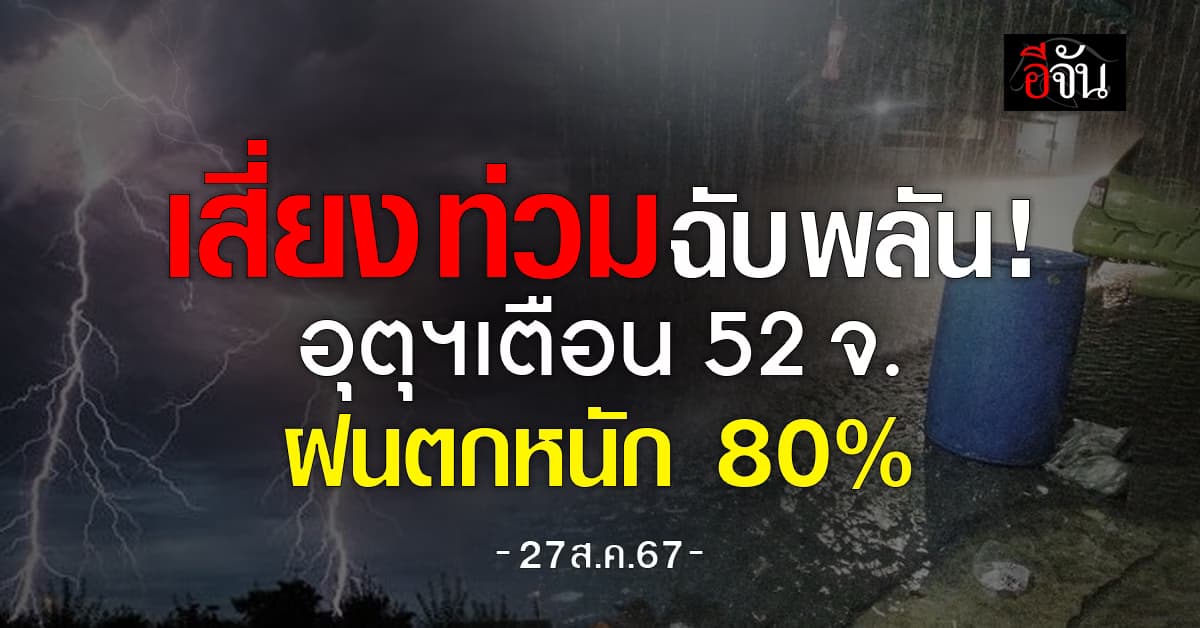 สภาพอากาศวันนี้ (27 ส.ค.67) อุตุฯ เตือน 52 จ. ฝนตก 80%
