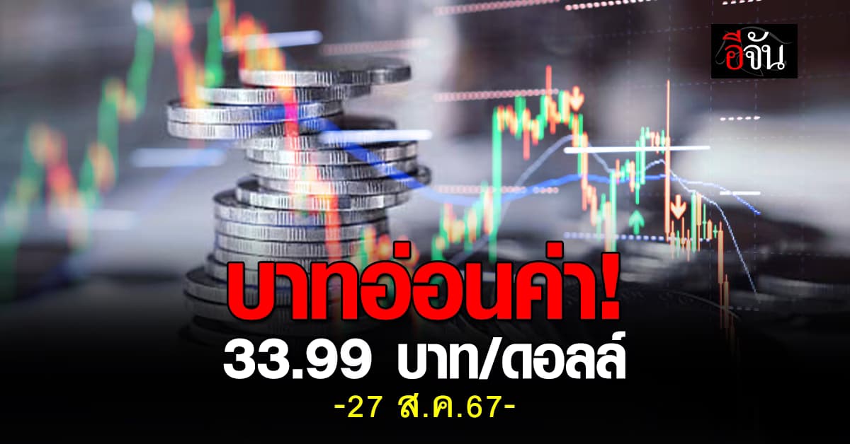 ค่าเงินบาทวันนี้ (27 ส.ค.67) เปิดตลาดที่ 33.99 บาท/ดอลลาร์ “อ่อนค่า”