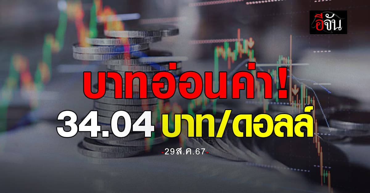 ค่าเงินบาทวันนี้ (29 ส.ค.67) เปิดตลาดที่ 34.04 บาท/ดอลลาร์ “อ่อนเล็กน้อย”