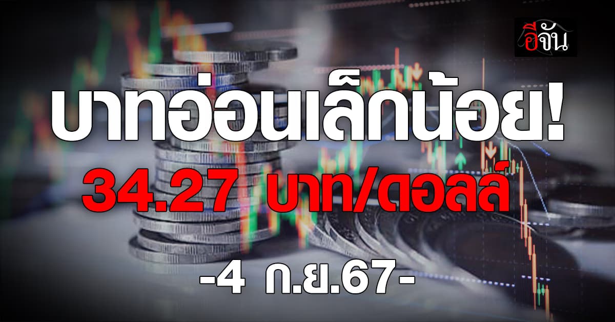 ค่าเงินบาทวันนี้ (4 ก.ย.67) เปิดตลาดที่ 34.27 บาท/ดอลลาร์ “อ่อนค่า”