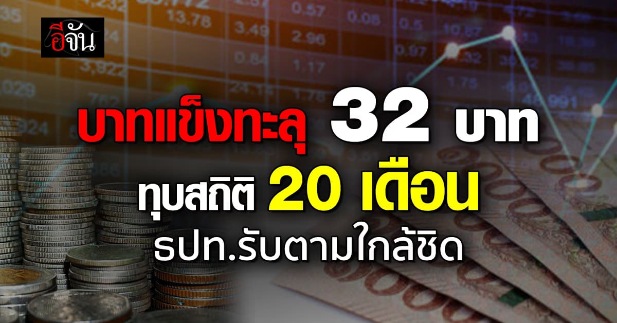 บาทแข็งทะลุ 32 บาท/ดอลล์ ทุบสถิติ 20 เดือน ธปท.รับติดตามใกล้ชิด