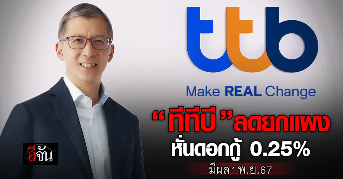 ทีทีบี ลดดอกเบี้ยเงินกู้สูงสุด 0.25% พร้อมยืดมาตรการอุ้มลูกหนี้