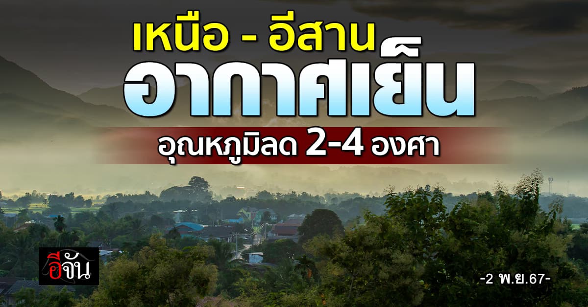 สภาพอากาศวันนี้ (2 พ.ย.67) เหนือ-อีสาน อากาศเย็น อุณหภูมิลด 2-4 องศา กทม.ยังมีฝน ตกฉ่ำ 20%