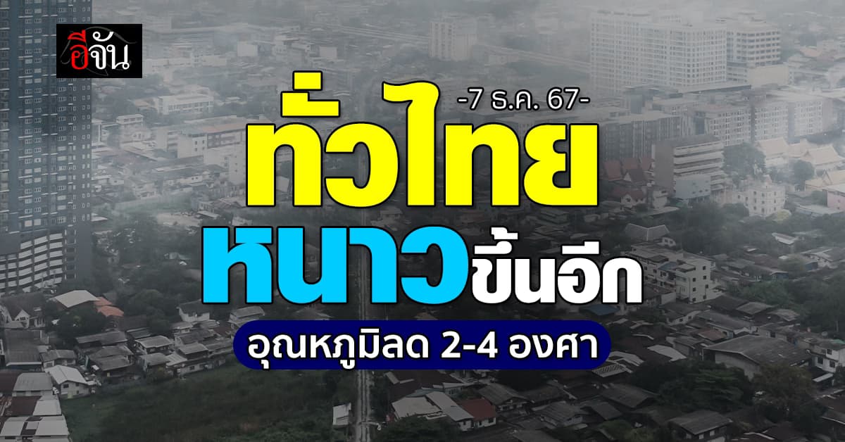 สภาพอากาศวันนี้ (7 ธ.ค.67) เหนือ-อีสาน รับจบ อากาศเย็นและมีหมอกในตอนเช้า อุณหภูมิจะลดลงอีก 2-4 องศา