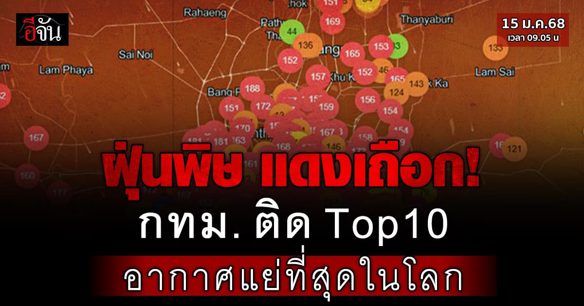 วิกฤต! ฝุ่นพิษพุ่ง เช้านี้ (15 ม.ค.68) PM2.5 มาแรง กทม. ติด TOP 10 อากาศแย่ที่สุดในโลก    