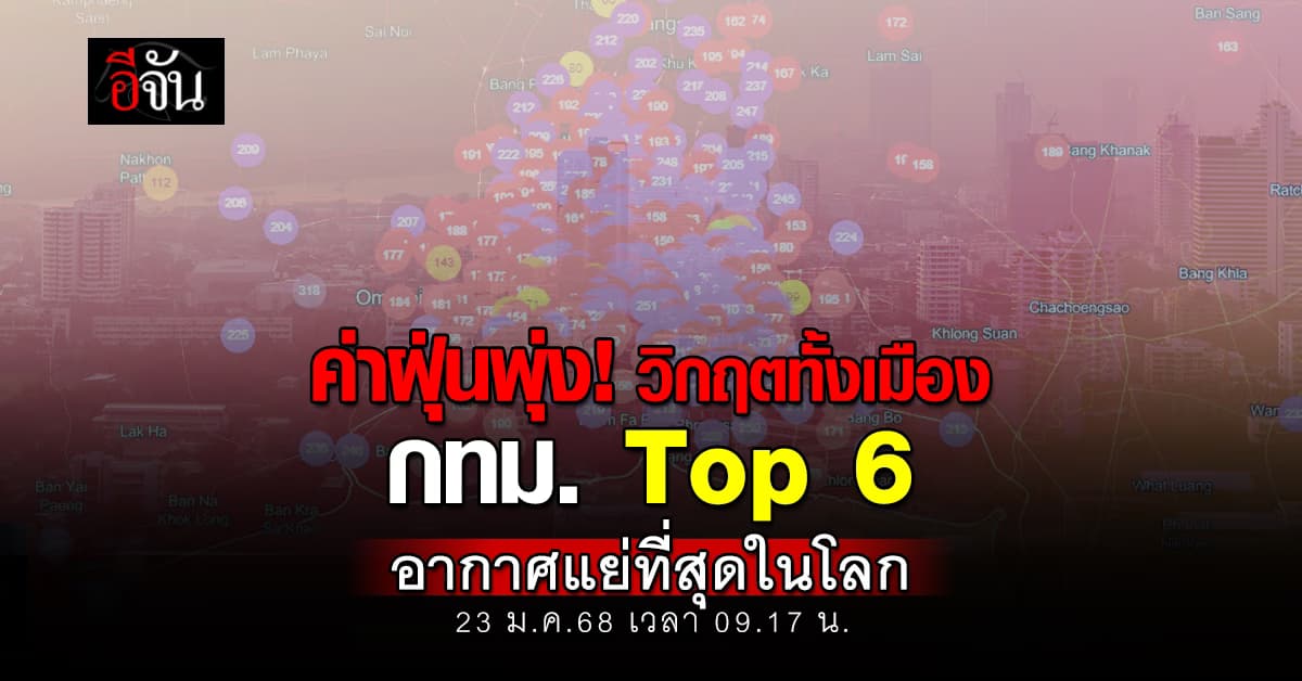 เห็นใจคนกรุงฯ! เช้านี้ (23 ม.ค.68) ฝุ่นพิษลอยทั่ว กทม. ขึ้น Top 6  อากาศแย่ที่สุดในโลก  