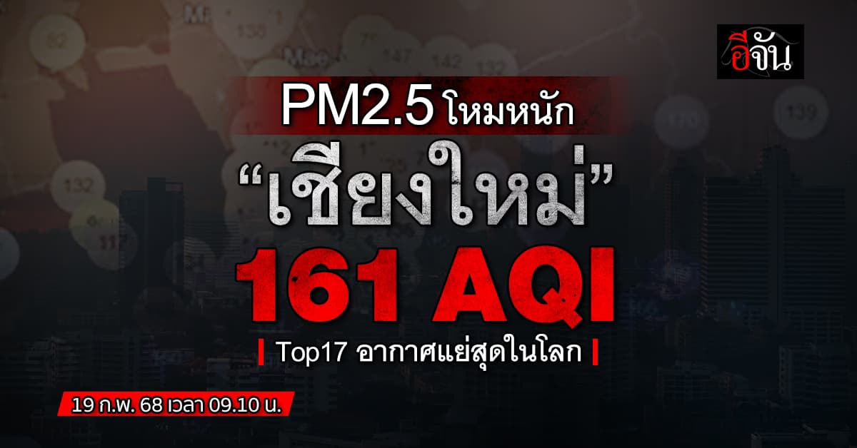 ช้ำใจ! เช้านี้ (19ก.พ.68) ฝุ่นพุ่งขึ้นภาคเหนือ ทุกพื้นที่เป็นโซนแดง-ส้ม “เชียงใหม่” 161 AQI   