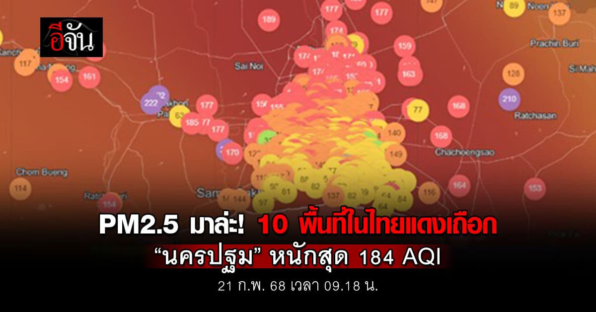 ปอดหายแล้วนะ! เช้านี้ (21 ก.พ.68) ฝุ่นพิษคัมแบ็ก 10 อันดับในไทยแดงเถือก นครปฐม หนักสุด 184 AQI 
