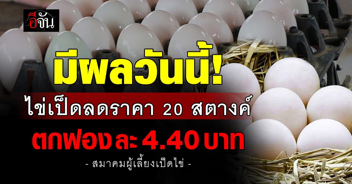 ข่าวดี! ไข่เป็ดลดราคา 20 สตางค์ ตกฟองละ 4.40 บาท มีผลวันนี้