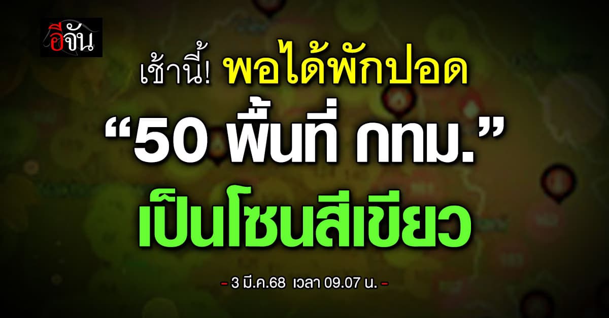 พอได้พักปอด! เช้านี้ (3 มี.ค.68) ฝุ่นพิษลด “50 พื้นที่ กทม.” เป็นพื้นที่สีเขียว อากาศดี