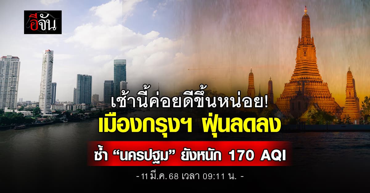 ระวังหน่อยนะ! เช้านี้ (11 มี.ค.68) พื้นที่เมืองกรุงฯ ฝุ่นลด อากาศดี  ซ้ำ  “นครปฐม” หนักสุด 170 AQI  