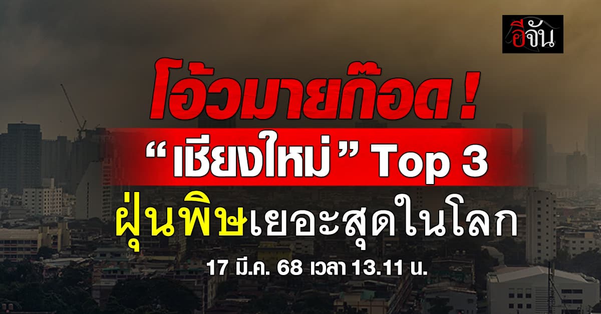 ค่าฝุ่นวันนี้ ( 17 มี.ค. 68 ) “เชียงใหม่” วิกฤต ครองอันดับ 3 อากาศแย่สุดในโลก 