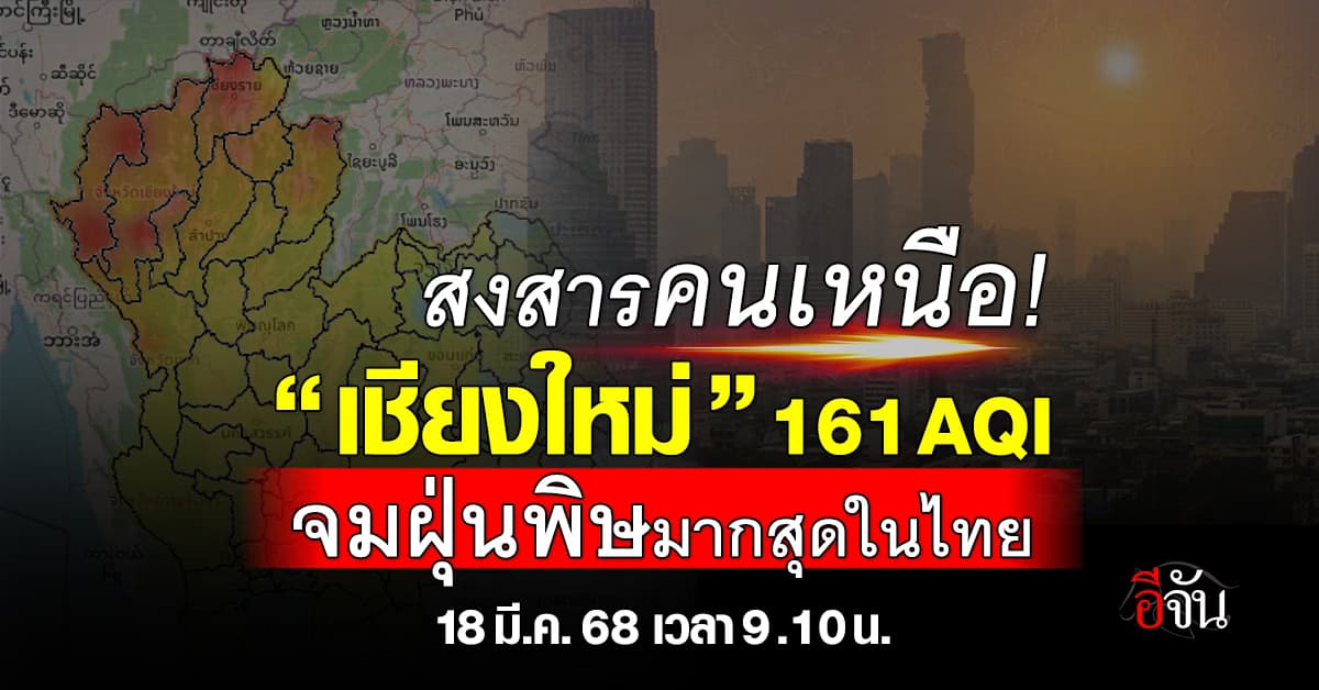 โซนเหนือเช้านี้ (18 มี.ค.68) เจอฝุ่นพิษเข้าจังๆ ซ้ำ “จ.เชียงใหม่” 161  AQI  หนักสุดในไทย 
