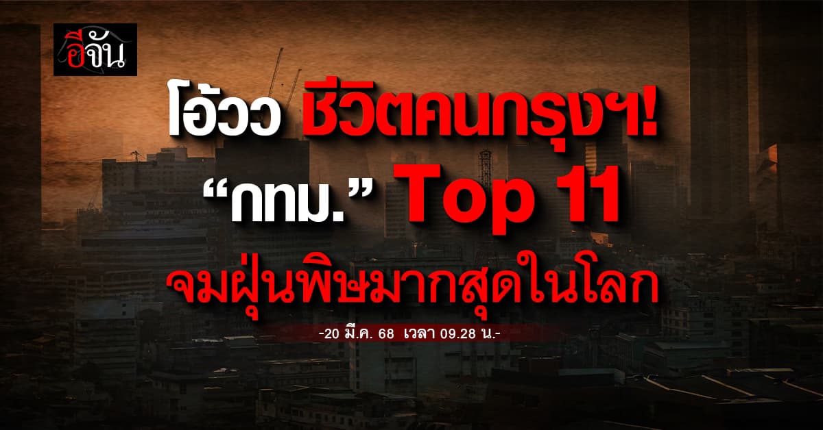 คนกรุงฯ ตกใจนะ!  เช้านี้ (20 มี.ค.68) ฝุ่นพิษกลับมาถล่มไทยอีกครั้ง ทำ “กทม.” Top 11 จมฝุ่นพิษมากสุุดในโลก