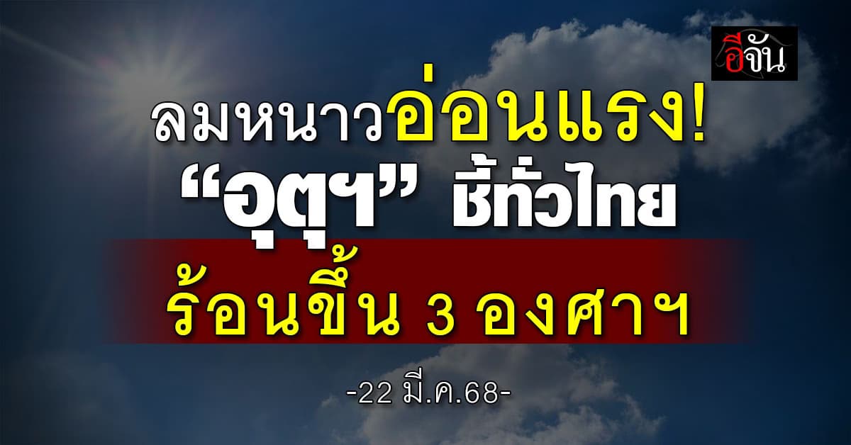 สภาพอากาศวันนี้ (22 มี.ค.68) อุตุฯ ชี้ทั่วไทยร้อนขึ้น 3 องศาฯ