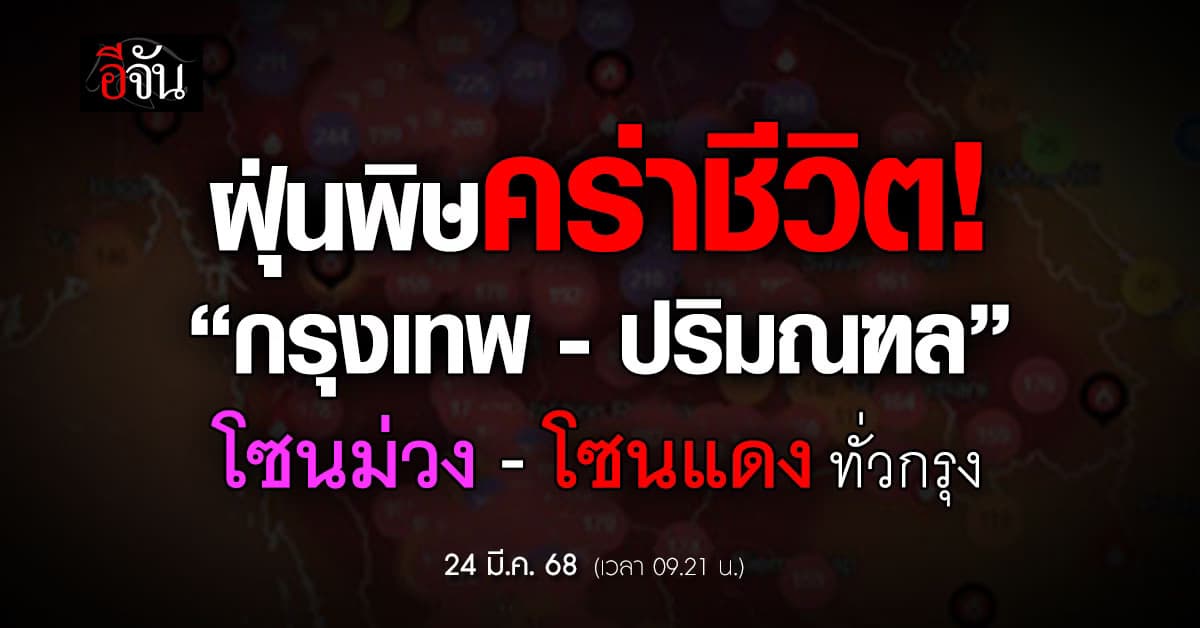 หนีฝุ่นไม่พ้น! เช้านี้ (24 มี.ค.68) 50 พื้นที่ กทม.จมฝุ่นและบางพื้นที่เป็นโซนสีม่วง เข้าเขตอันตรายต่อร่างกาย
