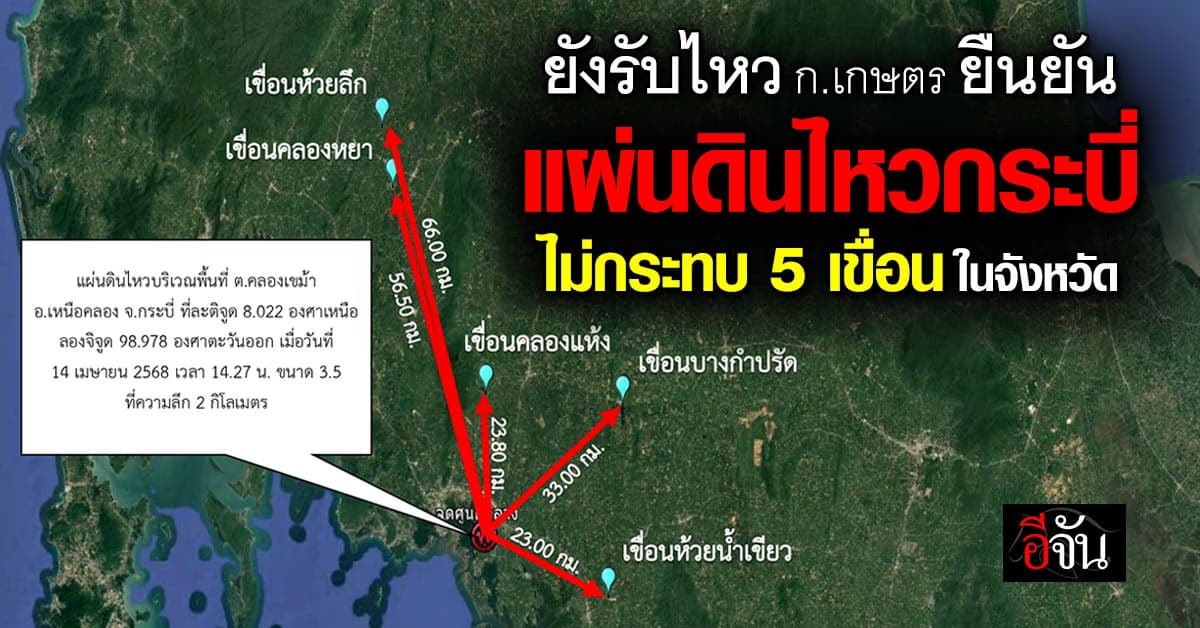 ก.เกษตรฯ ยัน 5 เขื่อนขนาดกลาง ในกระบี่ ยังแข็งแรง ไม่กระทบ แผ่นดินไหว