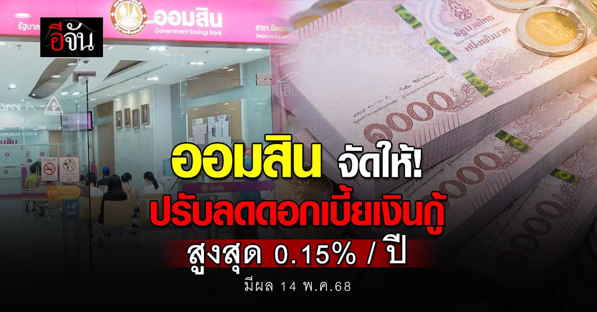 ออมสิน จัดให้! ปรับลดดอกเบี้ยเงินกู้  สูงสุด 0.15%/ปี มีผล 14 พ.ค.68