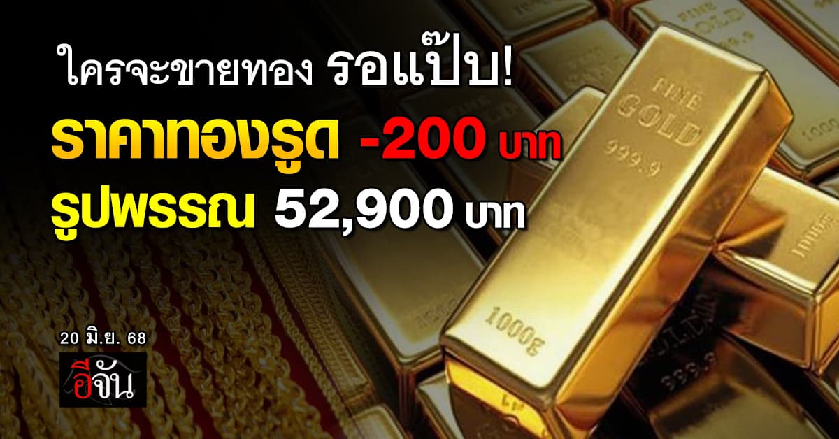 ราคาทองวันนี้ 20 มิ.ย. 68 ครั้งที่ 2 ปรับลดต่อเนื่อง 200 บาท รูปพรรณ 52,900 บาท