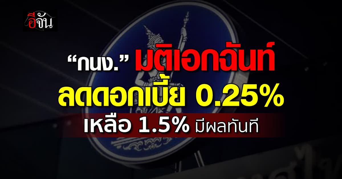 กนง. มติเอกฉันท์ 6 เสียง ลดดอกเบี้ย 0.25% เหลือ 1.5%