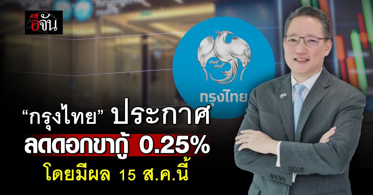 กรุงไทย ประกาศลดดอกขากู้ 0.25% โดยมีผล 15 ส.ค.นี้