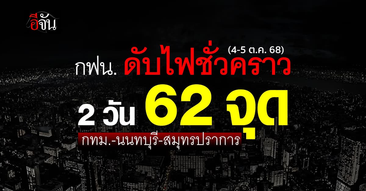 กฟน. ประกาศ “ดับไฟชั่วคราว” 62 แห่ง ในวันที่ 4-5 ต.ค. 68 