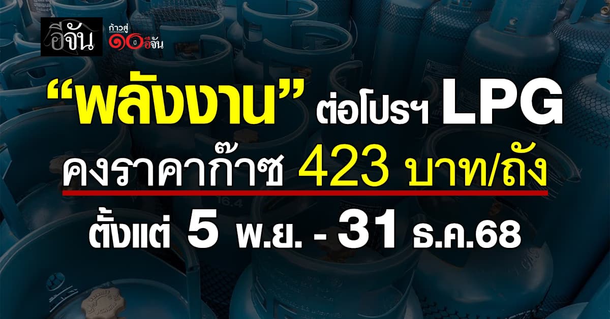 พลังงาน ต่อโปรฯ LPG คงราคาก๊าซ 423 บาท/ถัง ตั้งแต่ 5 พ.ย.-31 ธ.ค.68