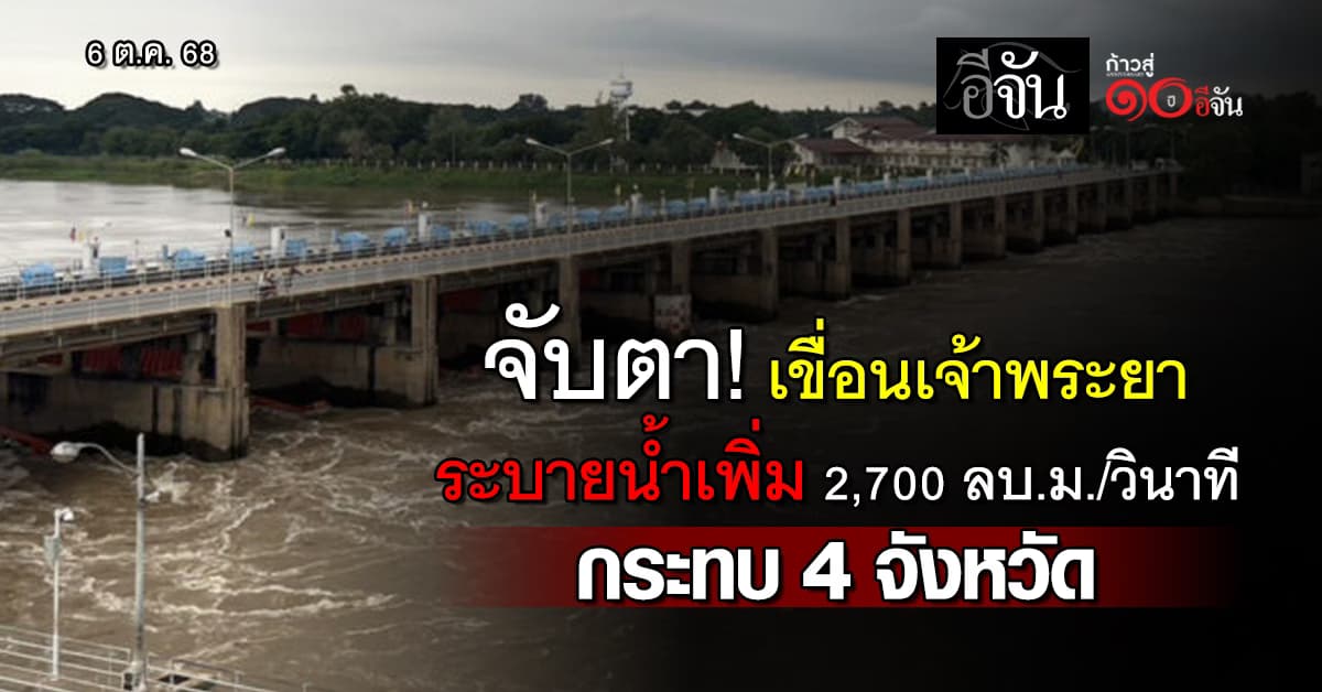 จับตา! เขื่อนเจ้าพระยา ระบายน้ำเพิ่ม 2,700 ลบ.ม./วินาที กระทบ 4 จังหวัด 