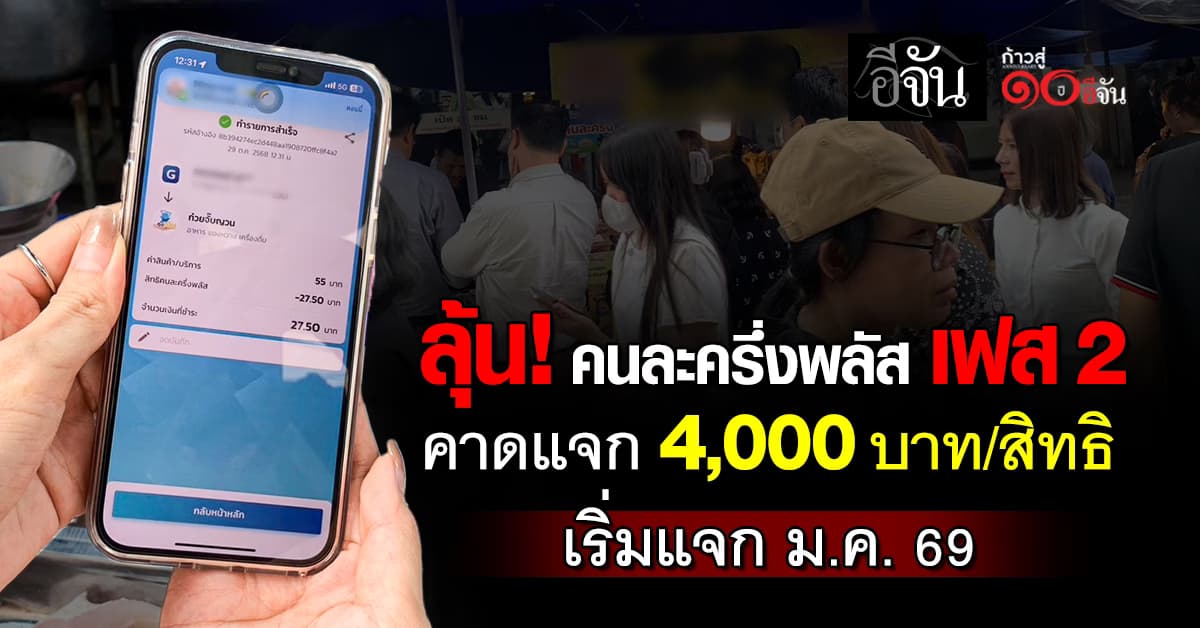 คลัง เร่งชง “คนละครึ่งพลัส เฟส 2” เข้าครม. เดือนธ.ค. นี้ เริ่มแจก ม.ค. 69 คาดได้ 4,000 บาท