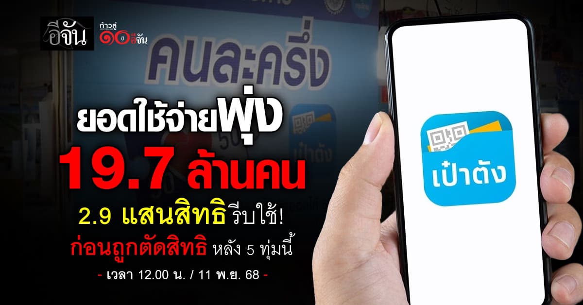 “คนละครึ่งพลัส” 14 วัน ยอดใช้จ่ายพุ่ง 3 หมื่นล้านบาทยอดใช้จ่ายสะสม 19.7 ล้านคน