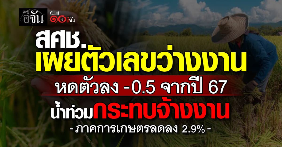 สศช. เผยตัวเลขว่างงาน หดตัวลง -0.5 จากปี 67 น้ำท่วมกระทบจ้างงานภาคการเกษตรลดลง 2.9%