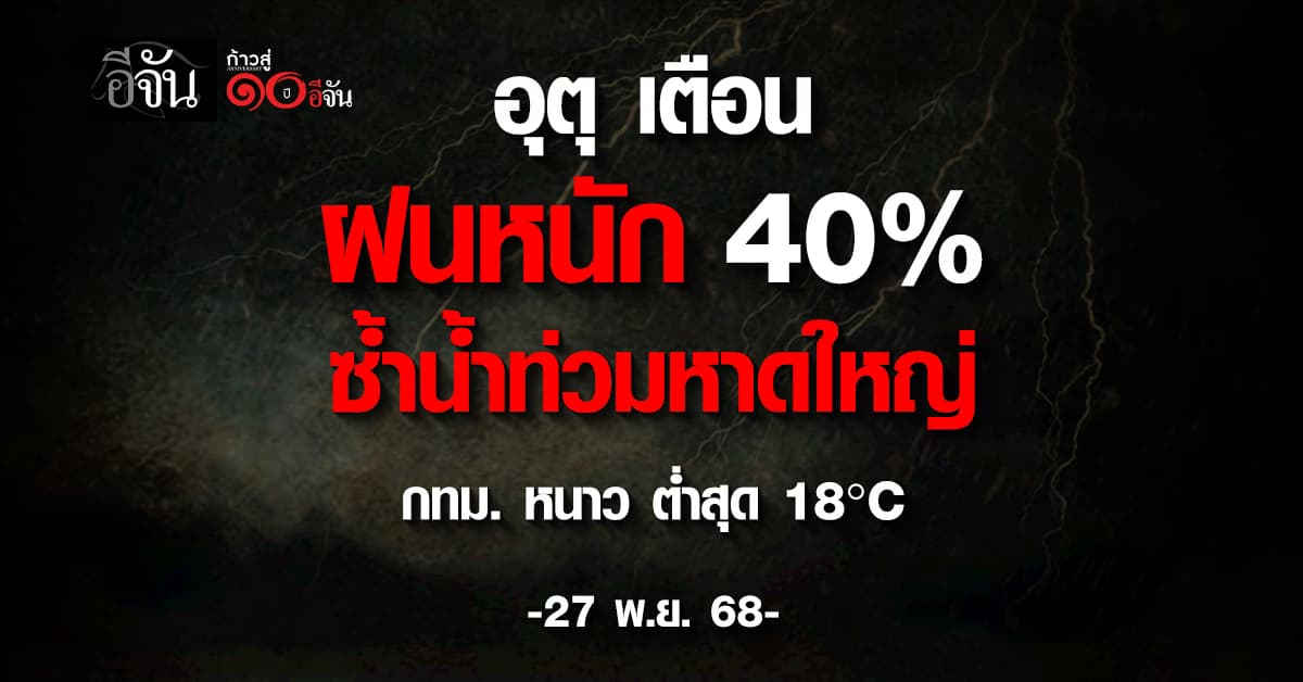 เตือน ฝนตกหนัก 40% ซ้ำน้ำท่วมหาดใหญ่ อีสาน เหนือ กทม. หนาวลง ต่ำสุด 18°C