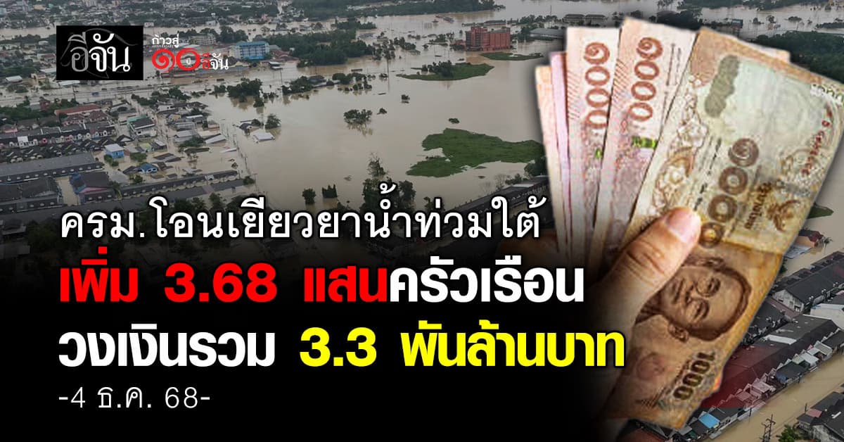 รัฐบาล โอนเยียวยาน้ำท่วมใต้ เพิ่ม 3.68 แสนครัวเรือน วงเงินรวม 3.3 พันล้านบาท