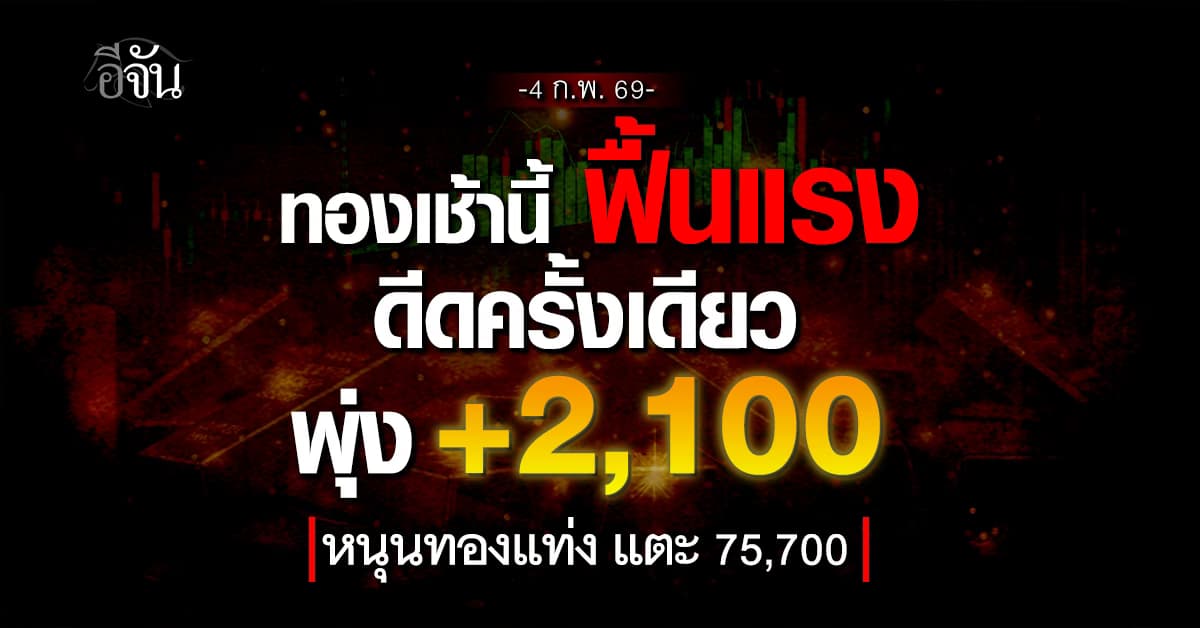 ทองเช้านี้ (4 ก.พ. 69) ฟื้นแรง ดีดครั้งเดียว พุ่ง +2,100 หนุนทองแท่ง แตะ 75,700