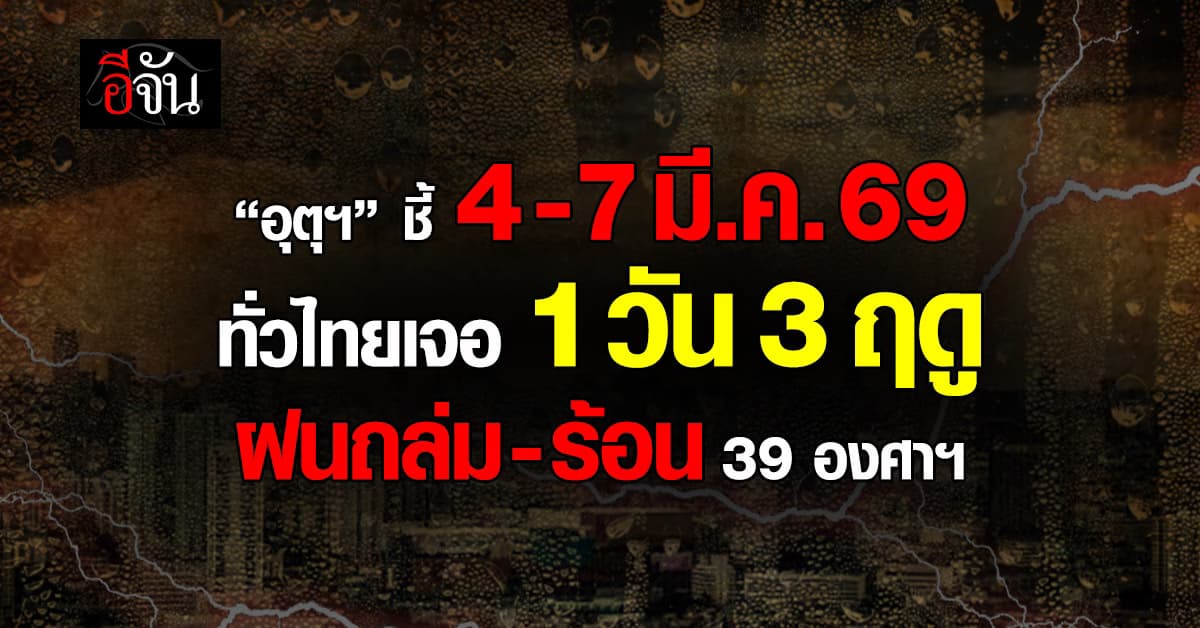 อุตุฯ ชี้ 4-7 มี.ค. 69 ทั่วไทยเจอ 1 วัน 3 ฤดู ฝนถล่ม-ร้อน 39 องศาฯ
