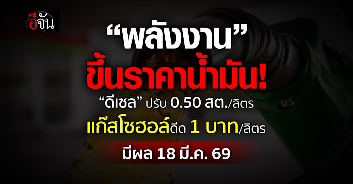“พลังงาน” ปรับ “ดีเซล” 0.50 สตางค์/ลิตร “แก๊สโซฮอล์ 95” เพิ่ม 1 บาท มีผล 18 มี.ค.69
